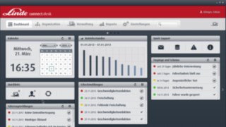 La dashboard del software di gestione flotta connect: desk di Linde mostra al responsabile della flotta una panoramica di tutti i dati di utilizzo importanti. Screenshot della dashbord del software di gestione flotta connect: desk di Linde, che consente una panoramica di tutti i dati importanti della flotta.